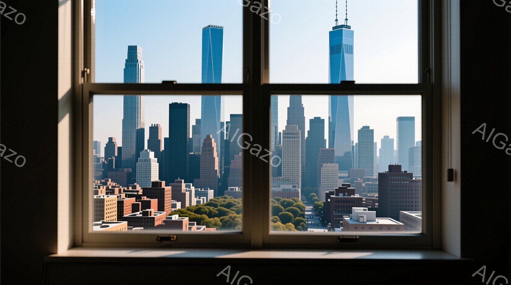 格子状の窓枠を通して見下ろす都市の風景を描いています。高層ビル群が密集し、緑豊かな公園や低層の建物が点在しています。全体的に晴れた日の穏やかな雰囲気で、都市の活気と自然の静けさが共存しています。