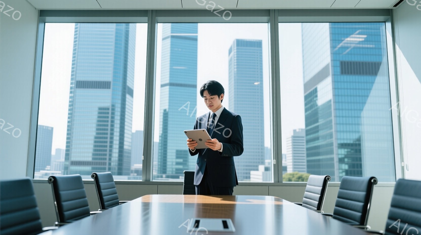 スーツ姿の男性が、大きな窓の前に立ってタブレットを見ている。彼は黒いスーツにネクタイを締め、短髪で落ち着いた表情をしている。背景には高層ビル群が広がり、晴れた空が広がっている。 - AI生成フリー素材