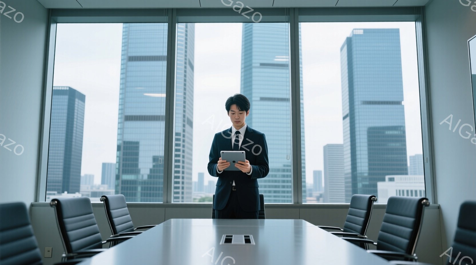 スーツとネクタイを着用した若い男性が、大きな窓の前に立ってタブレットを見ている。彼は真剣な表情でタブレットに集中しており、姿勢もまっすぐで自信に満ちているように見える。背景には高層ビル群が広がり、曇り - AI生成フリー素材