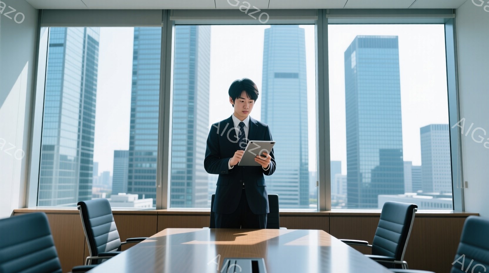 若い男性が紺色のスーツにネクタイを締め、タブレット端末を手に立っている。彼はやや真剣な表情で、何かを確認しているようだ。背景には高層ビル群が広がり、室内は木製の長い会議テーブルと黒い椅子が並び、晴れた日のオフィスの一室である。