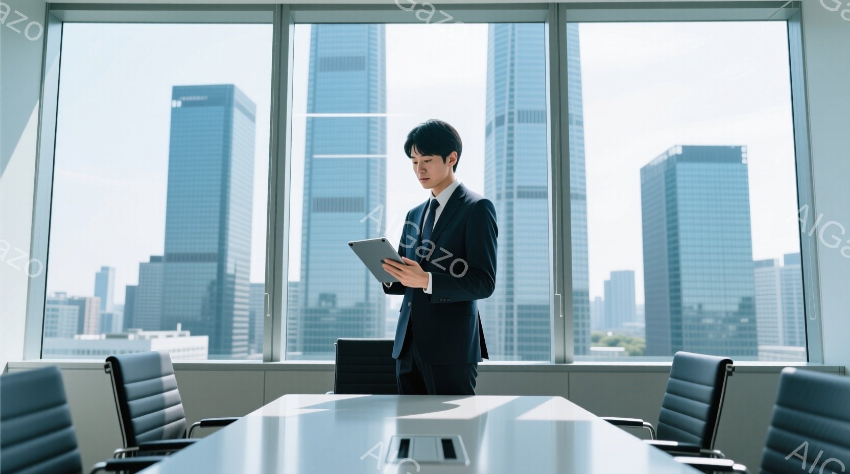 男性がビジネスマンとして会社内のオフィスで仕事を行っている。彼は正式なビジネススーツを着ており、頭髪がショートカットになっている。彼はプレゼンテーションノートとデバイスを持っており、深い思考や検討のポジティブ表情をしている。背景には高層ビルが見え、陽光が透過することから穏やかな天気があると予測される。