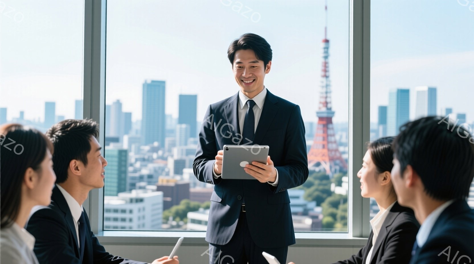 スーツを着た男性が、タブレットを手にしながら、窓際の会議室でプレゼンテーションをしている様子が写っている。彼は笑顔で、他の参加者たち（同じくスーツ姿）に向かって説明しているように見える。背景には、晴れた空の下、東京タワーや高層ビル群が広がり、ビジネスシーンの高揚感と都会の活気を感じさせる。