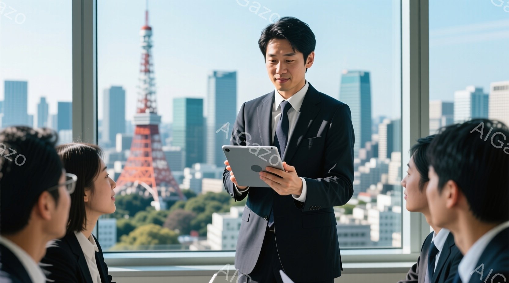 東京タワーを背景に、紺色のスーツを着た男性がタブレットを手にプレゼンテーションをしている様子が写っている。彼は真剣な表情でタブレットを見つめ、聴衆である数名の女性と男性は彼に向かって座り、注目している。室内は明るく、窓の外には高層ビル群と晴れた空が広がり、ビジネスシーンの活気を感じさせる。