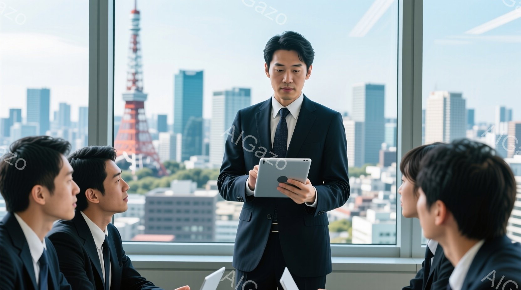 紺色のスーツを着用した男性が、タブレットを手にしながら会議室でプレゼンテーションを行っています。参加者も紺色のスーツを着ており、テーブルを囲んで彼を見つめています。背景には高層ビル群が広がり、晴れた空が広がっています。