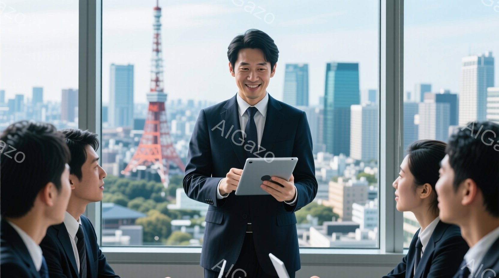 スーツ姿の男性が、タブレットを手に会議室でプレゼンテーションを行っている。彼は笑顔で自信に満ち溢れており、他の参加者たちは彼に注目しているようだ。背景には高層ビル群と東京タワーが見え、晴れた日の都会的な雰囲気を醸し出している。