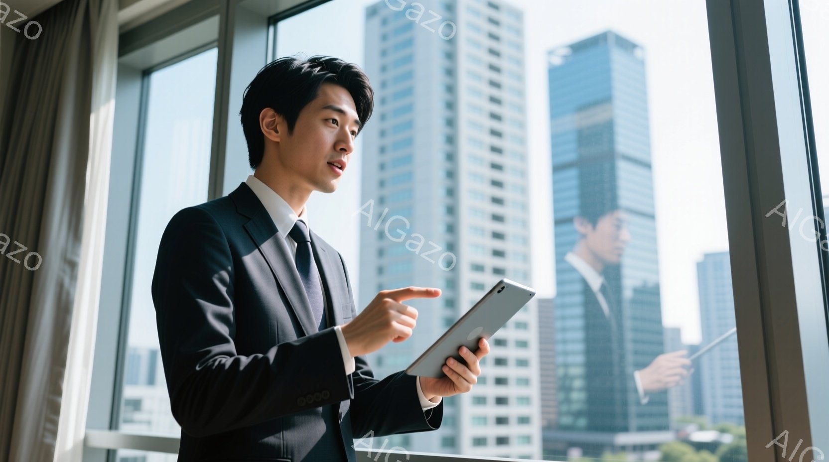 スーツ姿の男性が、窓辺でタブレットを手に何かを説明している様子が写っています。彼は黒いスーツにネクタイを締め、髪は短く整えられています。背景には高層ビル群が広がり、晴天の下、都会的な雰囲気が漂っています。