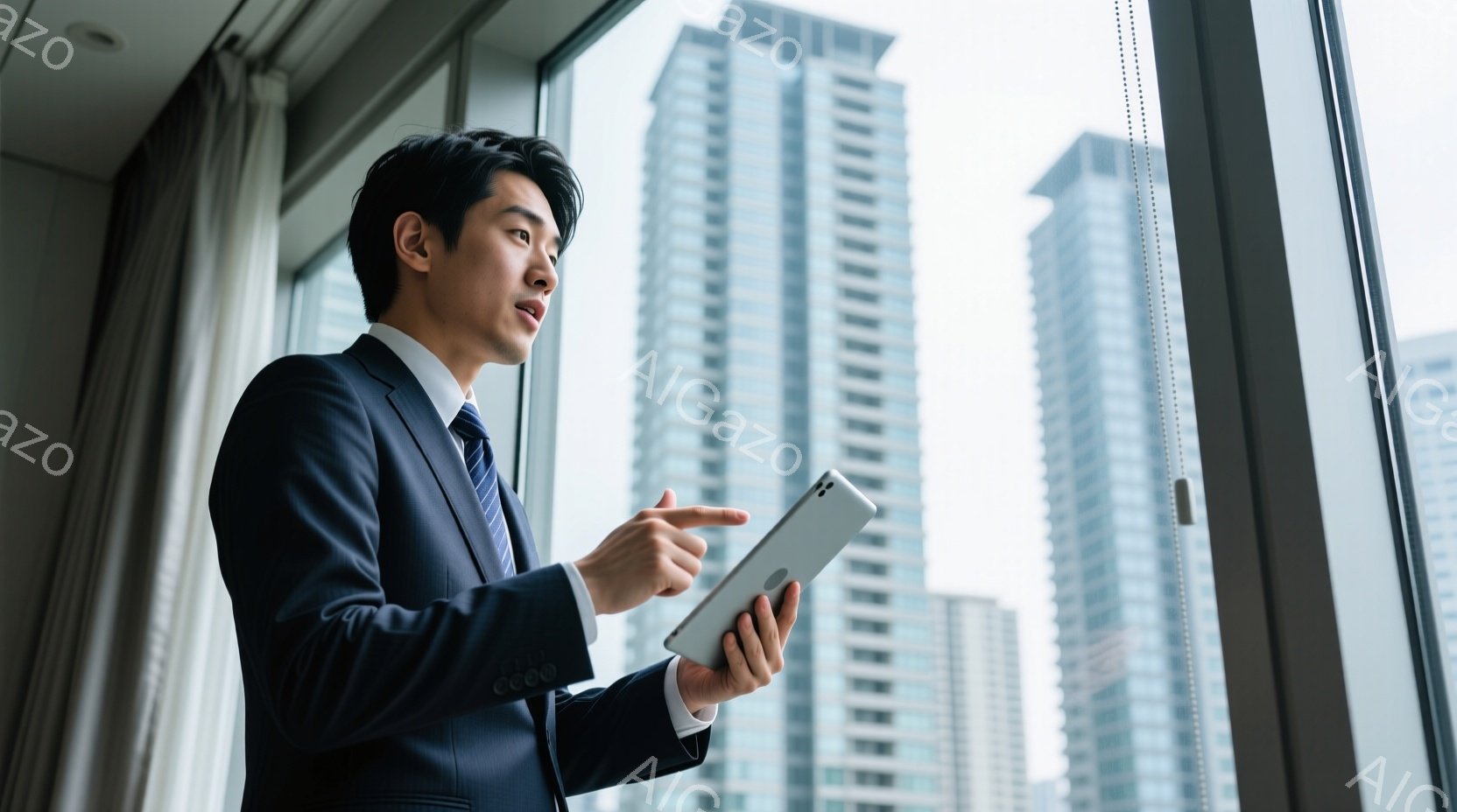 スーツ姿の男性が窓辺でタブレットを手に説明している様子が写っている。彼は濃い青色のスーツにネクタイを締め、短髪で整髪されており、真剣な表情でタブレットの画面を見つめている。背景には高層ビル群が広がり、晴天で明るい雰囲気である。