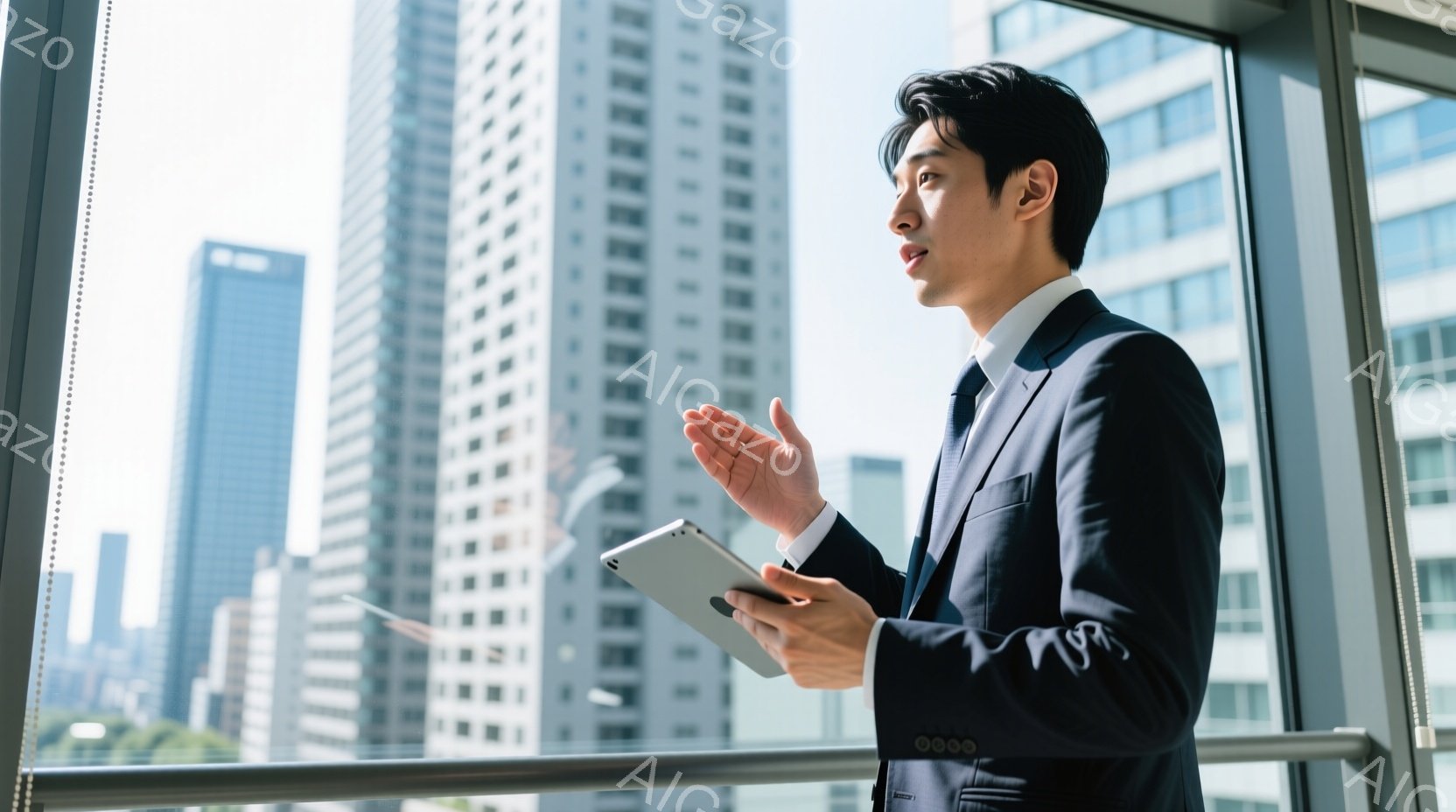 スーツを着た若い男性が、タブレットを片手に持ちながら何かを説明している様子が写っている。彼は黒い髪を後ろに撫でつけ、少し横を向いて、自信に満ちた表情で話している。背景には高層ビル群が広がり、晴天で明るい日差しが差し込んでいるため、ビジネスシーンにおける活気ある雰囲気が感じられる。