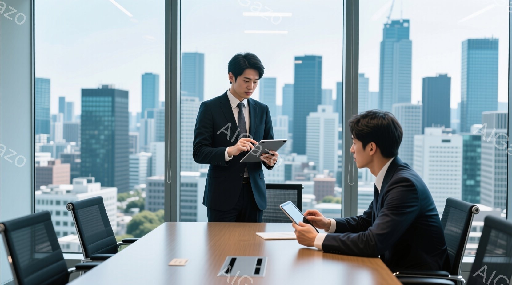 二人のビジネスマンが、高層ビルの会議室で向き合って座っている。立っている方は黒いスーツにネクタイを締め、タブレットを手に何か説明している様子で、座っている方も黒いスーツにタブレットを見下ろしている。背景には高層ビル群が広がり、晴れた空が広がっており、近代的なビジネスシーンを象徴している。