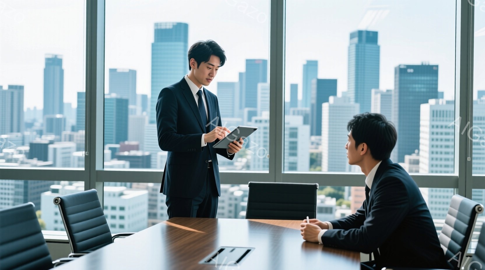 ビジネスマン二人が、高層ビルの会議室にいます。一人は黒いスーツにネクタイ姿で立っており、タブレットを手に何か説明しているようです。もう一人はテーブルに座り、ペンを手に何かメモを取りながら、話を聞いています。