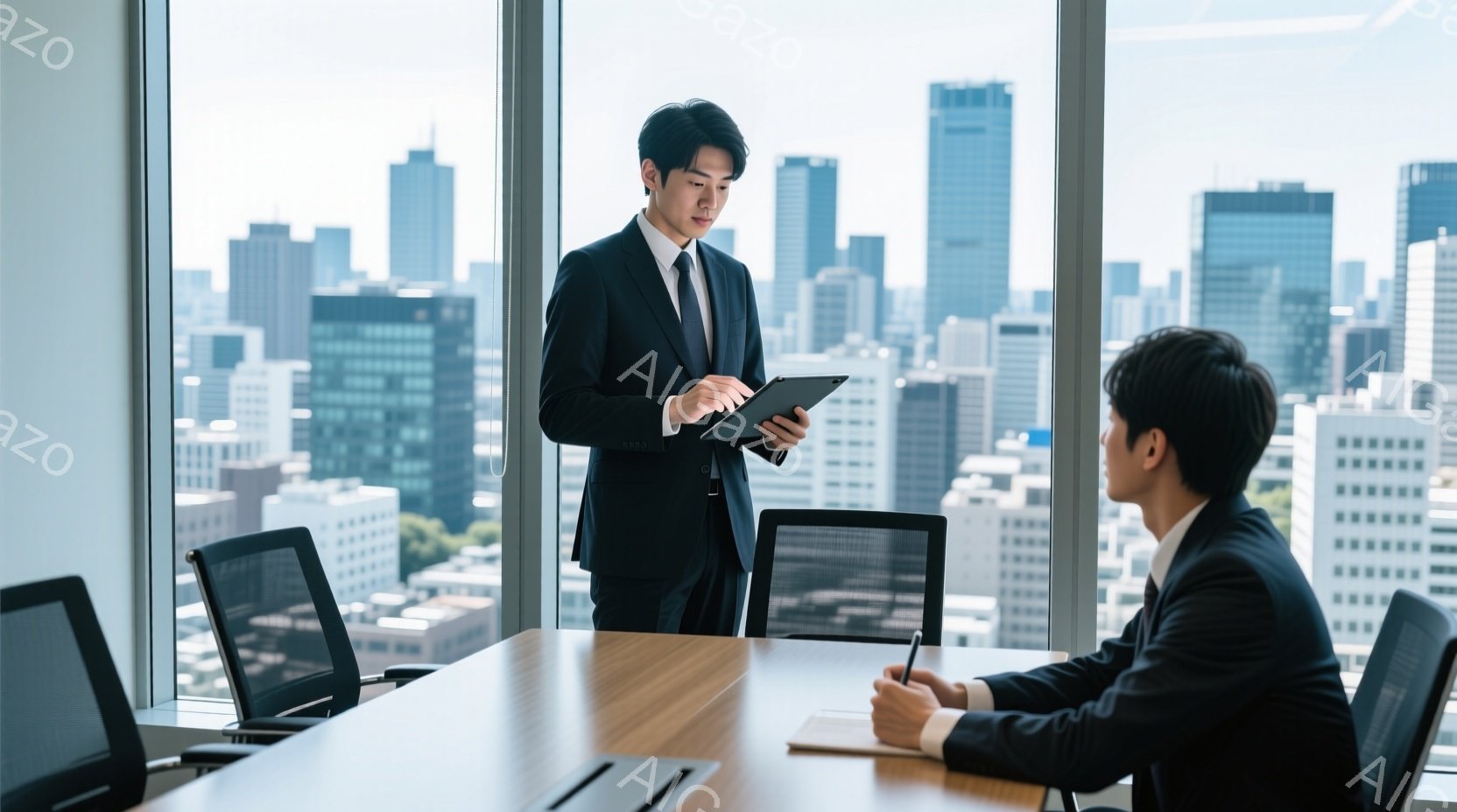 ビジネスマンが窓を背にして会議室でプレゼンテーションをしている様子が写っている。彼は黒いスーツにネクタイ姿で、タブレット端末を見ながら立っている。背景には高層ビル群が広がり、晴天の下、洗練された都会の雰囲気が漂っている。