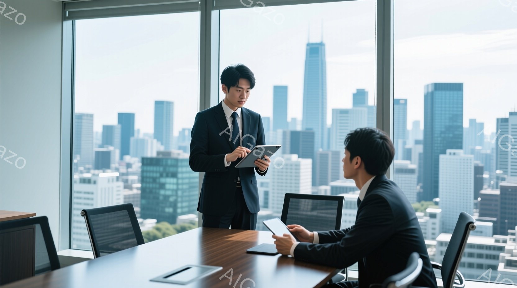 ビジネスマン二人が、高層ビルの会議室で対面している。一人はスーツ姿で立っており、タブレットを手に何か説明している様子で、もう一人は椅子に座り、タブレットを見ながらも相手の話に耳を傾けている。背景には、高層ビル群が広がり、晴天の空が広がり、都会的な雰囲気が漂っている。