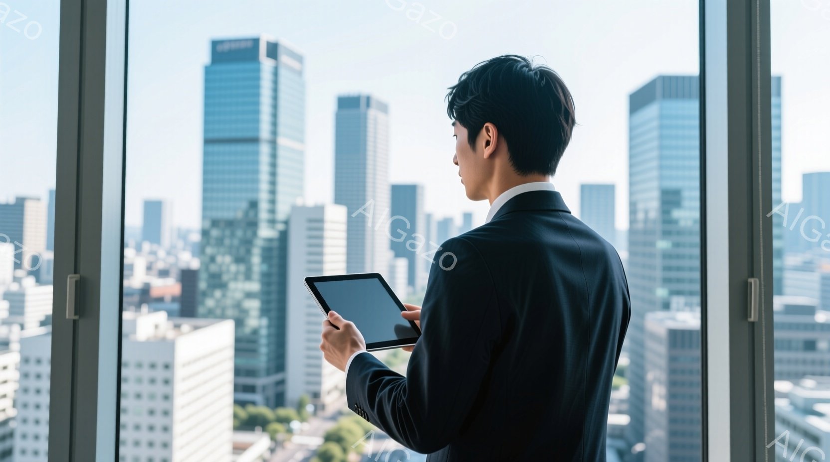 ビジネスマンが窓際に立ち、タブレット端末を見つめている。彼は黒いスーツを着ており、短く整髪された髪型をしている。背景には高層ビル群が広がり、晴れた空と緑の木々が見える、都会的で洗練された雰囲気の写真で - AI生成フリー素材