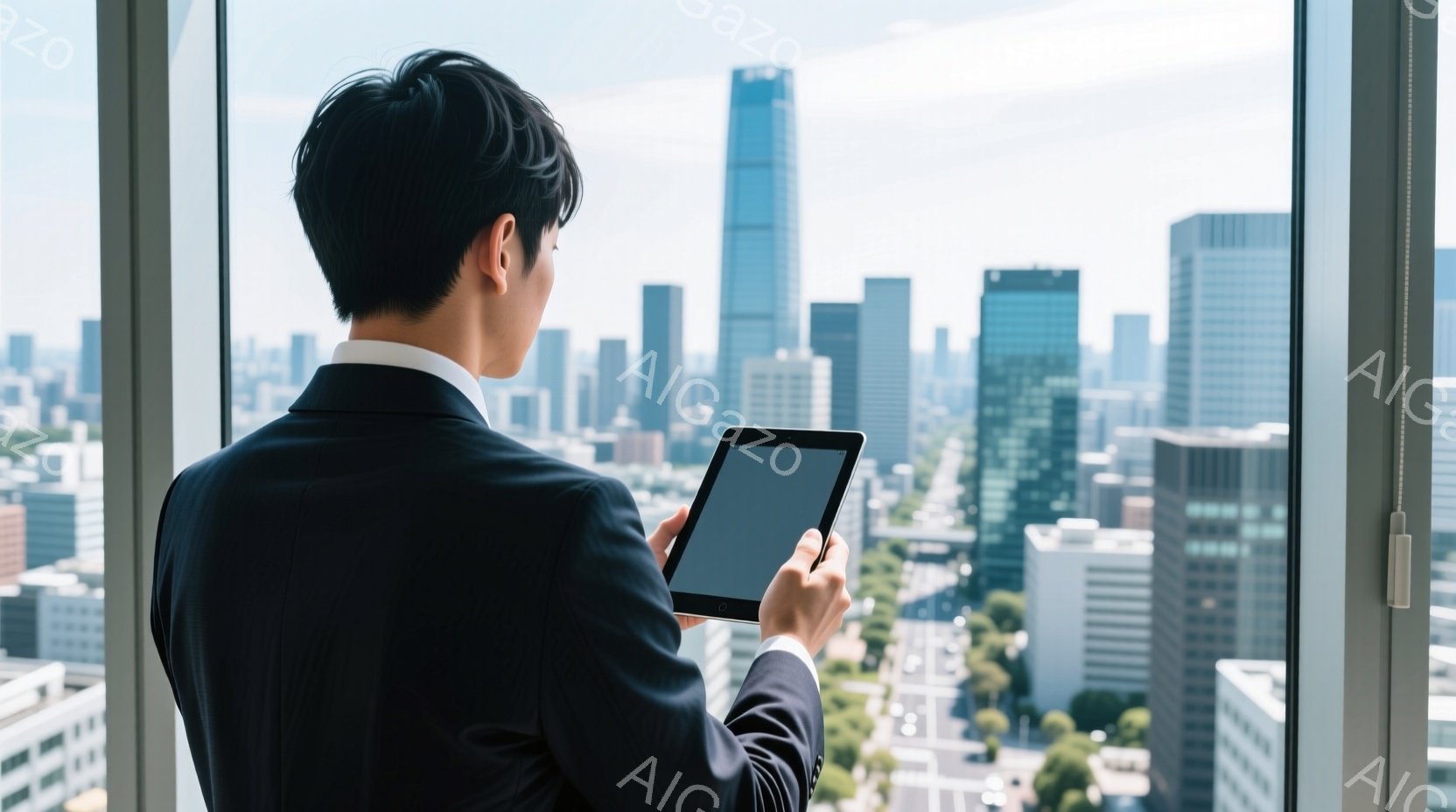 ビジネスマンが窓の外の都市を見下ろしながらタブレットを手に持っている。彼は黒いスーツと白いシャツを着ており、後ろ姿からは真剣な表情が伺える。背景には高層ビル群が広がり、晴天の下、近代的な都市景観が広が - AI生成フリー素材