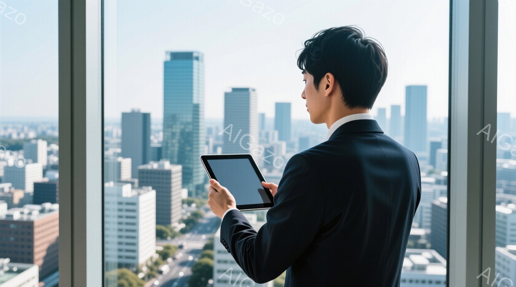 スーツを着た男性が、高層ビルの窓辺でタブレット端末を見つめている。彼の髪型は短く整えられ、後ろ姿からは真剣な表情がうかがえる。背景には高層ビル群が広がり、晴天の下、都市の活気を感じさせる。 - AI生成フリー素材