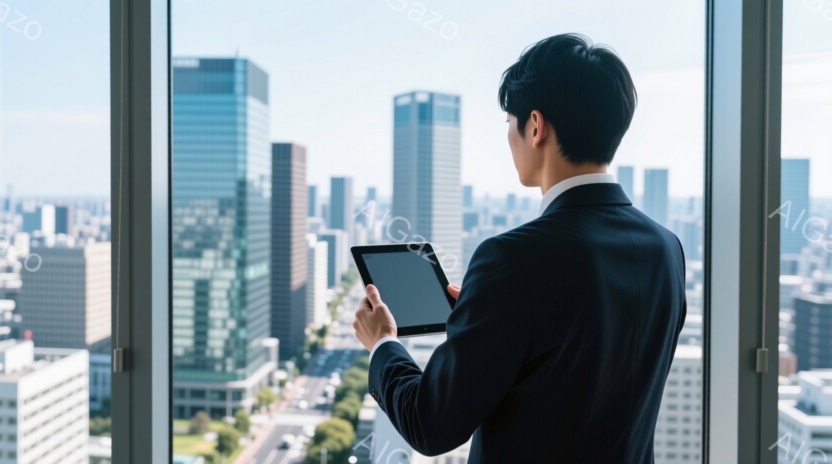 スーツを着た男性が窓際に立っており、タブレット端末を手に持っている。背景には高層ビル群が広がり、晴天の下、都市の風景が広がっている。全体的に、ビジネスマンが都会の景色を眺めながら仕事や計画を考えている - AI生成フリー素材