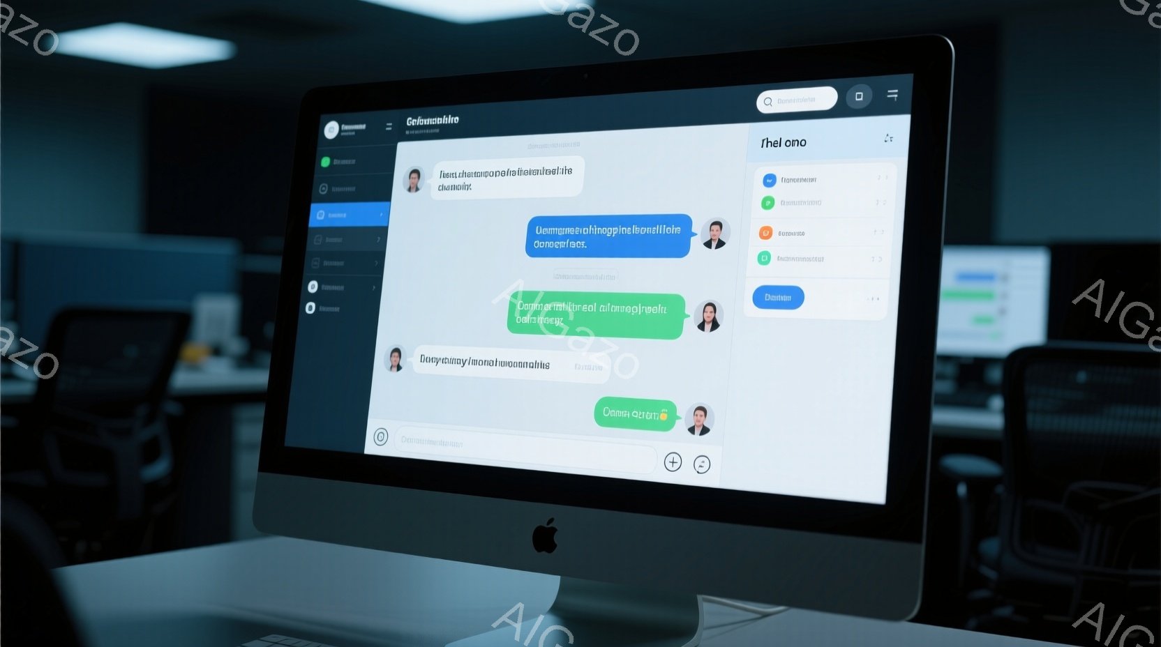 iMacの画面上に表示されたチャットインターフェースのクローズアップです。画面には複数のチャット履歴が表示されており、各履歴には名前とメッセージが表示されています。背景にはオフィス環境がぼやけており、モダンでプロフェッショナルな雰囲気を醸し出しています。