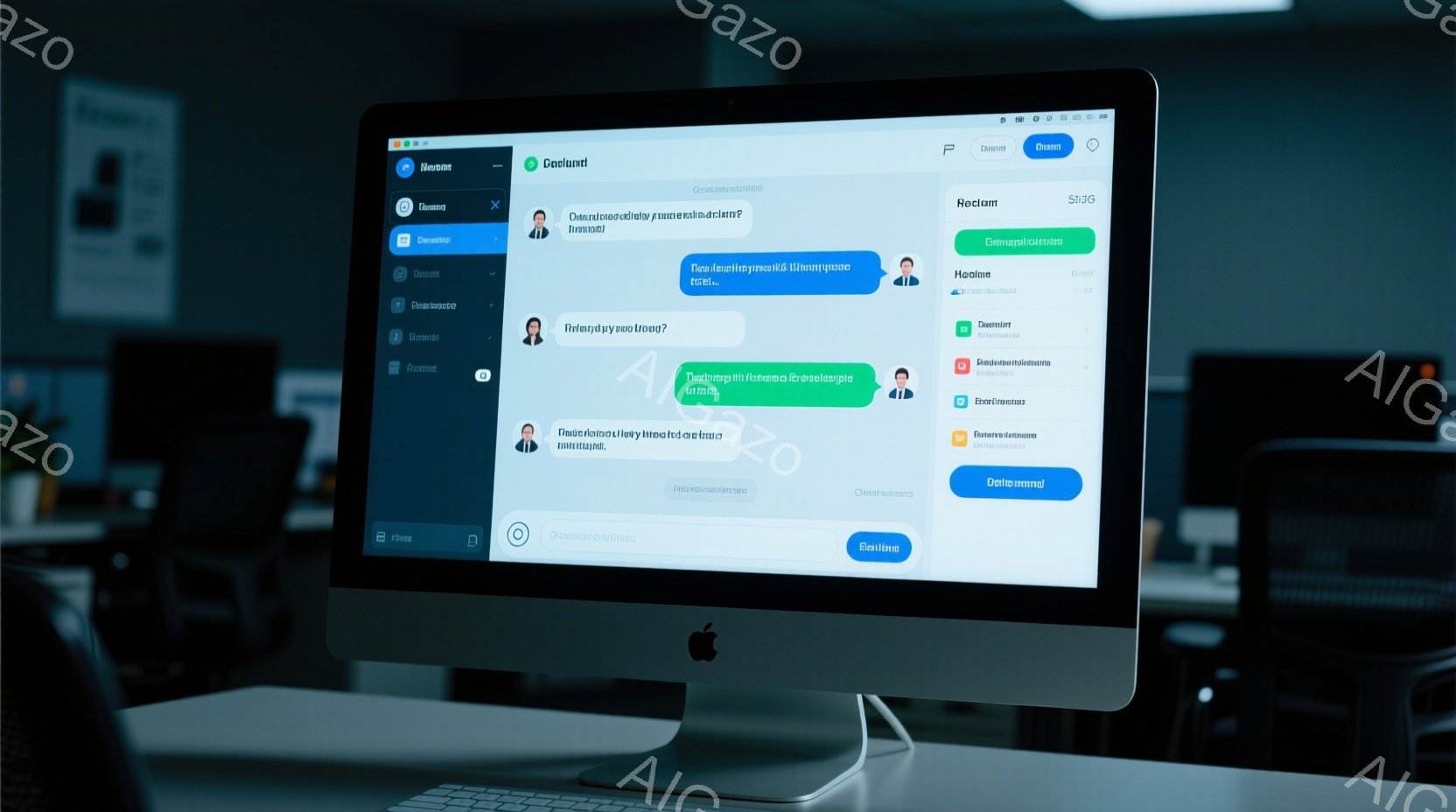 iMacの画面には、ビデオ会議アプリのインターフェースが表示されており、複数の参加者のアイコンと名前がリストされています。画面上部には「Disconnect」というボタンがあり、画面中央にはビデオ通話中の人物の映像が表示されていますが、解像度が低く詳細は不明です。全体的に青色を基調としたモダンでシンプルなデザインで、ビジネスシーンでのコミュニケーションを連想させる落ち着いた雰囲気です。
