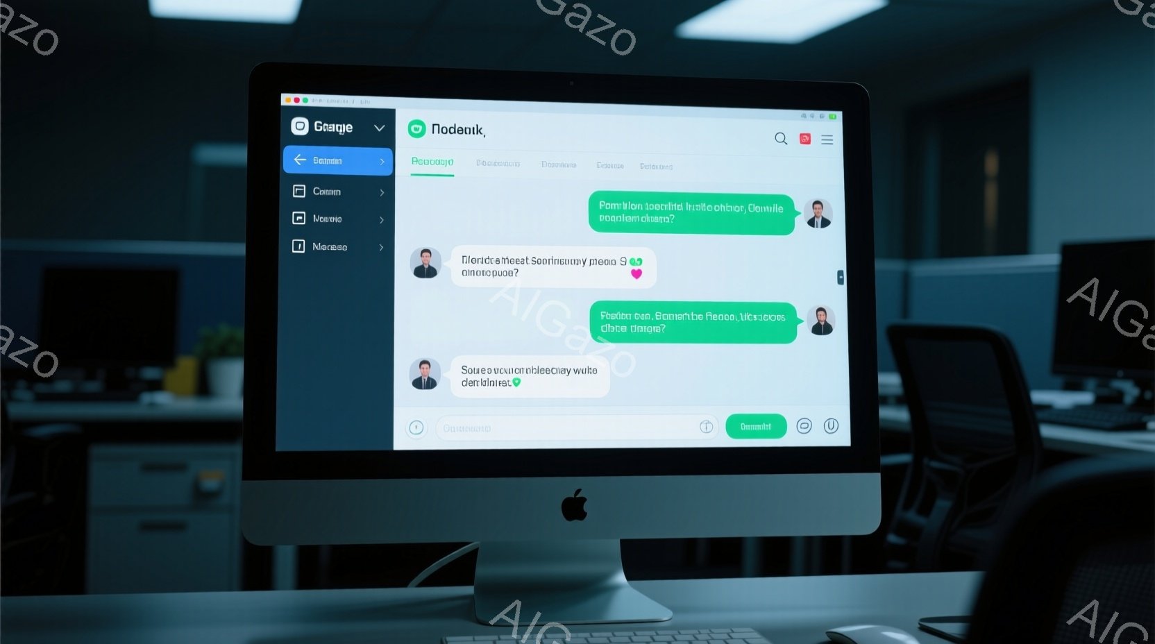 画面には、明るいインターフェースを持つコンピューターが表示されており、左側にはファイルやフォルダのリストが並んでいます。背景は少し暗く、オフィスや自宅の環境を示唆しており、暖色系の照明が使われています。 全体的に、集中して作業できる、モダンでミニマルな雰囲気です。