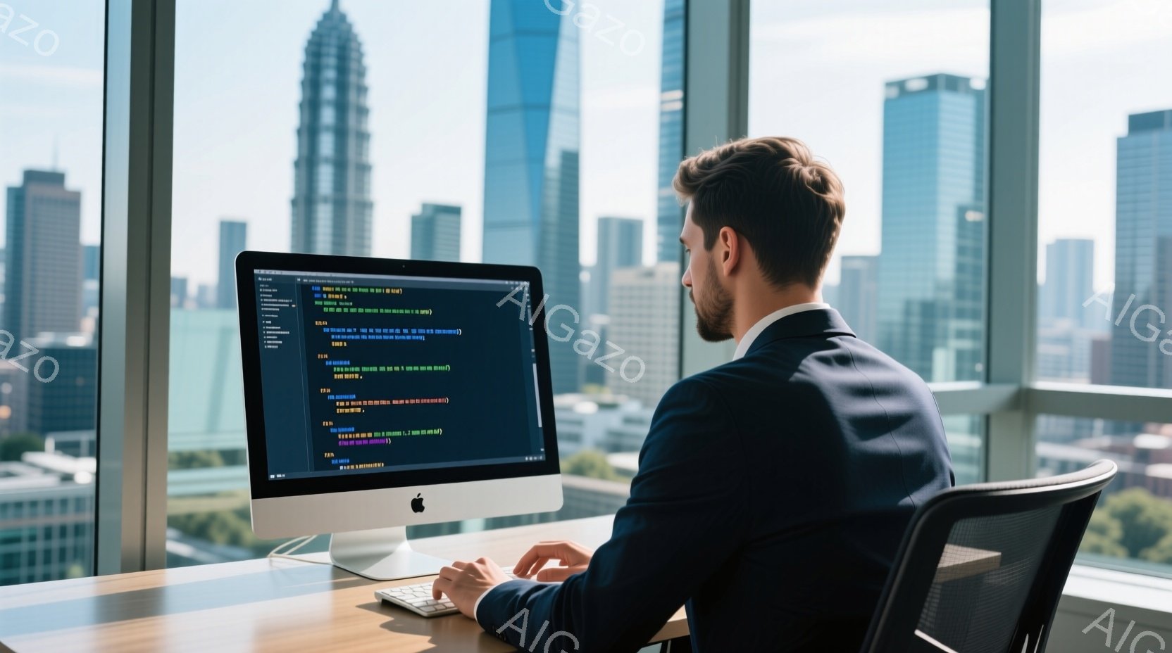 スーツを着た男性が、大きな窓から高層ビル群が見えるオフィスでコンピューターに向かっています。彼は黒髪で、後ろ姿のため表情はわかりませんが、集中して作業している様子が伝わってきます。背景には晴れた空と近 - AI生成フリー素材
