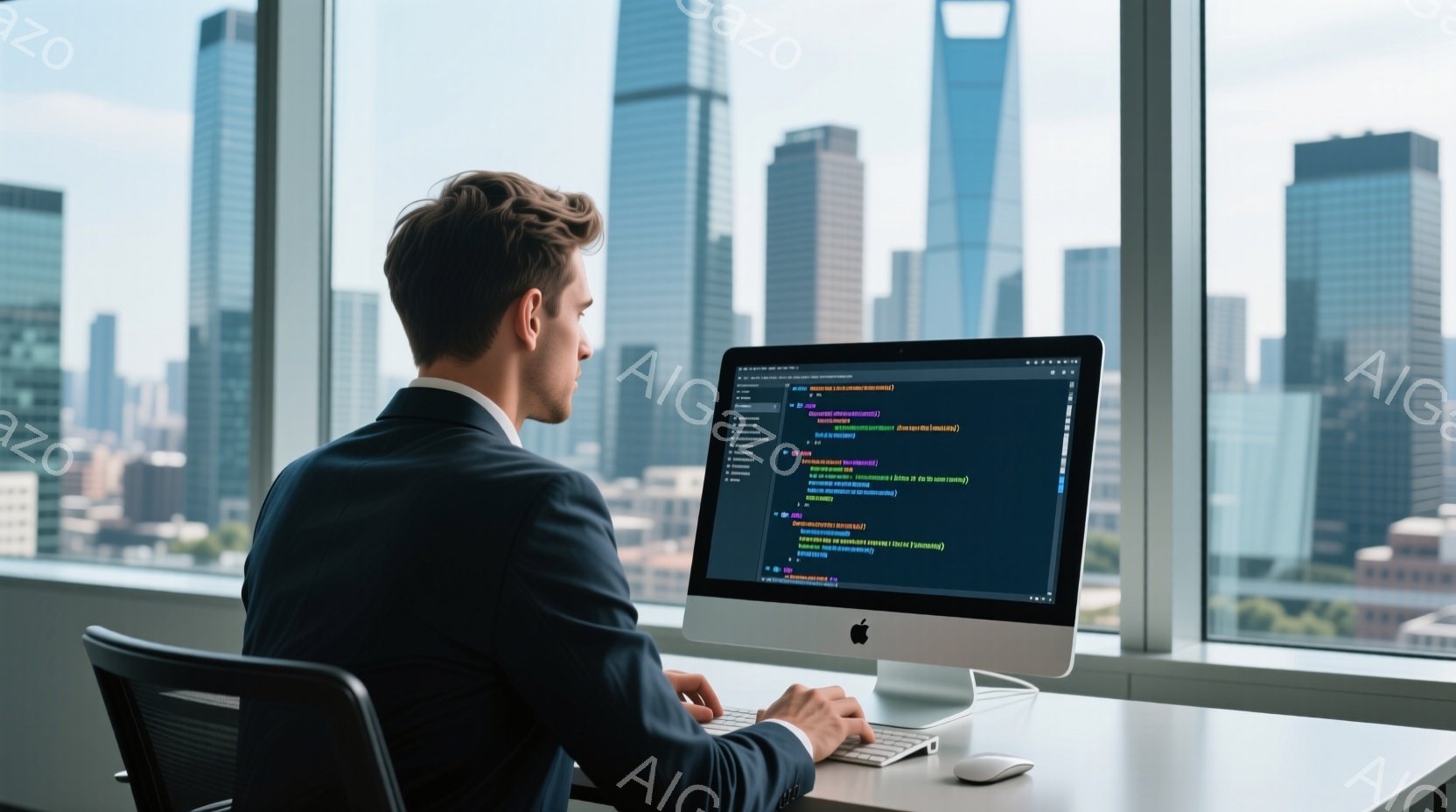 窓際に座った男性が、コンピューターの画面を見つめながらキーボードを操作している。彼は黒いスーツを着ており、短髪で後ろ姿のため表情はわからないが、姿勢は真剣で集中している様子が伺える。背景には高層ビル群が広がっており、晴天で明るい雰囲気だが、少し霞んでいて都会の空気を感じさせる。
