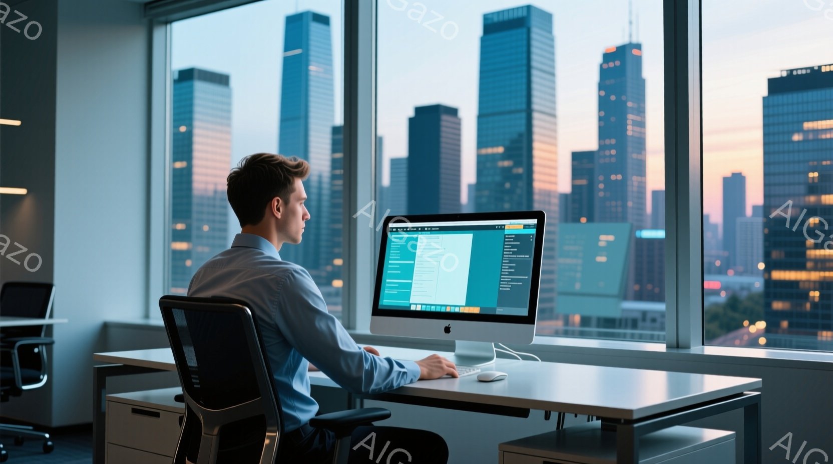 一人の男性がオフィスでコンピュータに向かっています。彼は青いシャツを着ており、短く整えられた髪をしています。窓の外には高層ビル群が広がり、夕暮れ時の空が背景に広がっており、全体的に集中と静けさの雰囲気が漂っています。