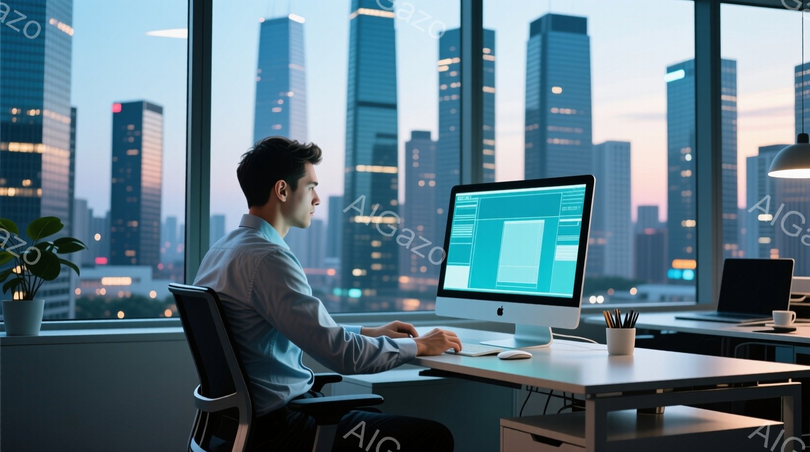 紺色のシャツを着た男性が、明るいオフィスでパソコンに向かっている。彼は背筋を伸ばして座り、集中した表情でキーボードを操作している。背景には高層ビル群が広がり、夕焼け空が窓から差し込み、モダンで落ち着い - AI生成フリー素材