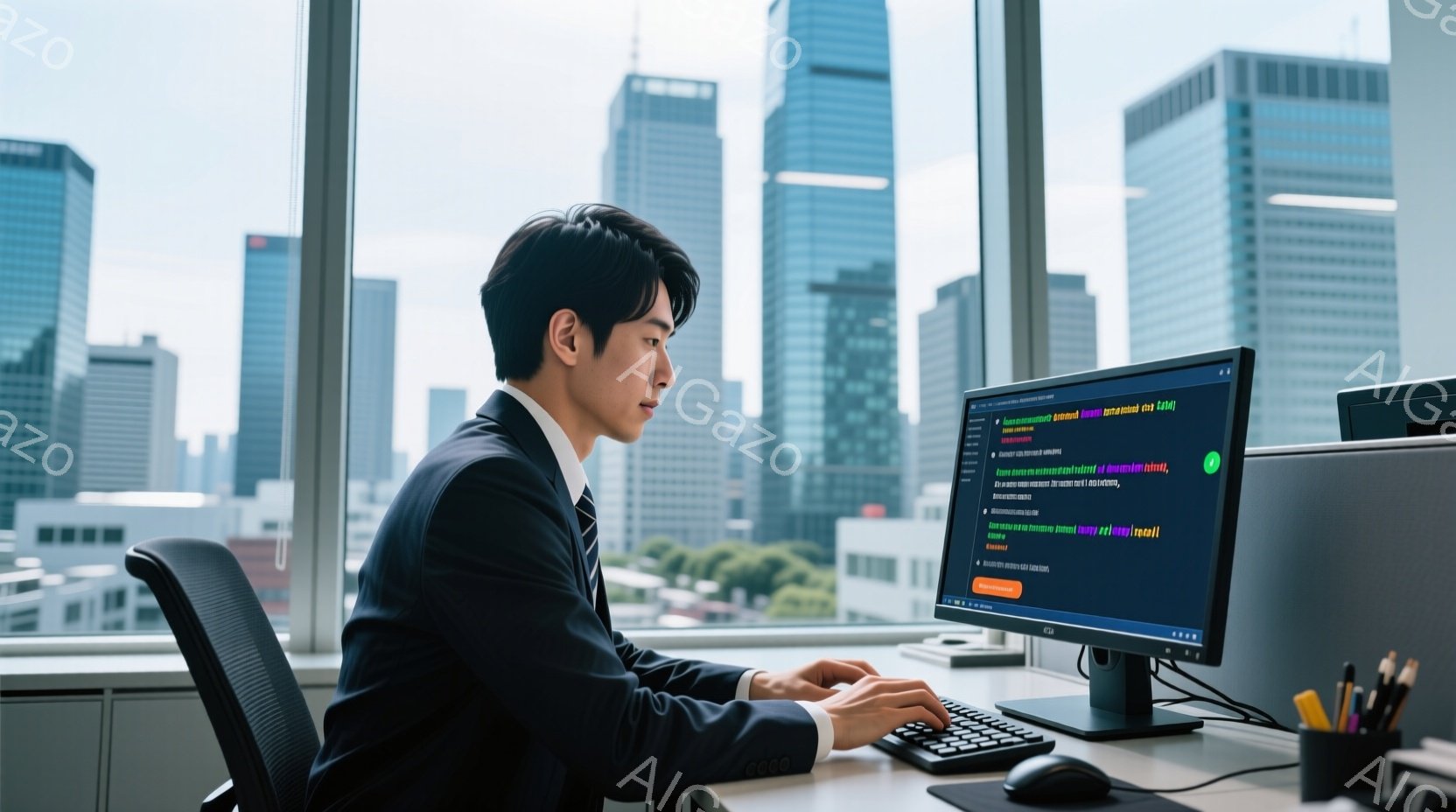 スーツを着た若い男性がオフィスでパソコンに向かって作業している。彼は黒髪で、真剣な表情でキーボードを見つめている。背景には高層ビル群が広がり、晴天の空が広がっている様子から、活気のある都会のオフィスで仕事に集中している様子が伝わる。