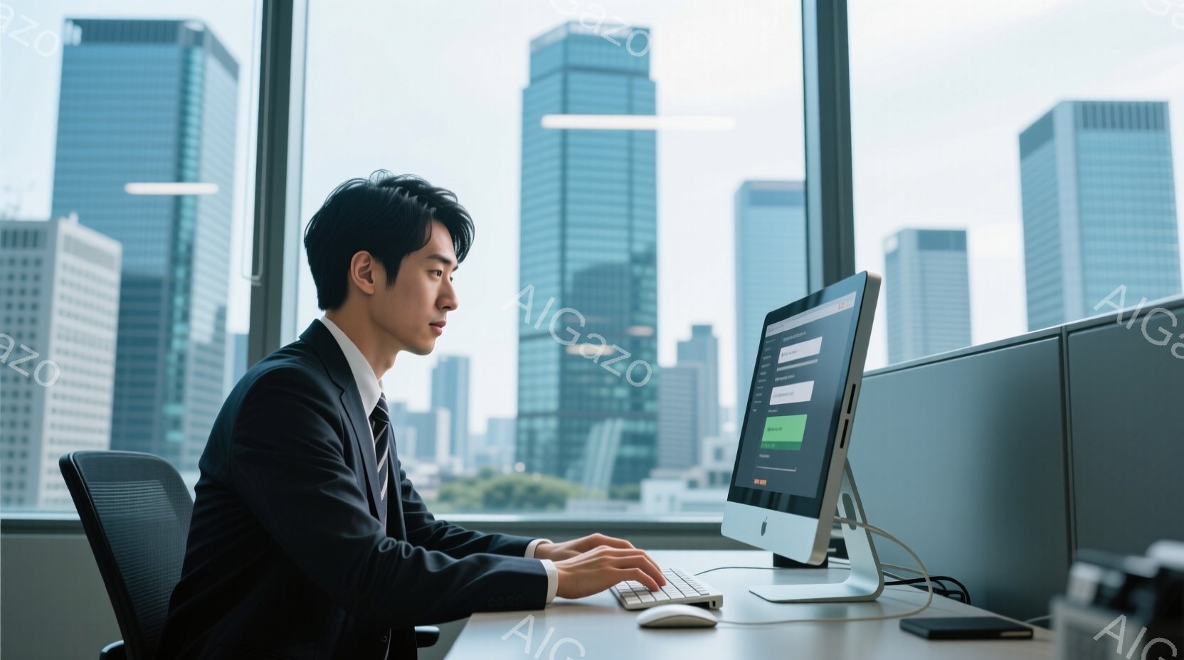 スーツを着た男性が、オフィスでコンピュータに向かって作業している様子が写っている。彼は黒い髪を短く整え、真剣な表情でキーボードを操作しており、姿勢はやや前傾している。背景には高層ビル群が広がり、曇り空の下、都会的な雰囲気を醸し出している。