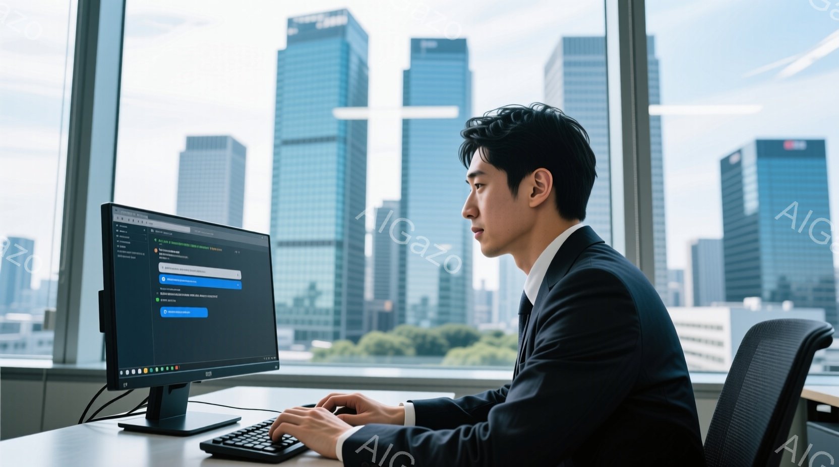 スーツを着た男性が、窓際のデスクでパソコンに向かっています。彼は黒髪で、横顔は真剣な表情を浮かべており、タイピングをしている最中です。背景には高層ビル群が広がり、晴れた空の下、都会的な風景が広がっています。