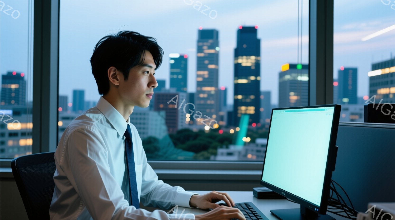 若い男性がパソコンに向かって仕事をしている様子が写っている。彼は白いシャツにネクタイというフォーマルな服装で、黒髪を短く整えている。窓の外には夜景が広がり、高層ビル群とわずかな緑が見え、都会の静かな夜 - AI生成フリー素材
