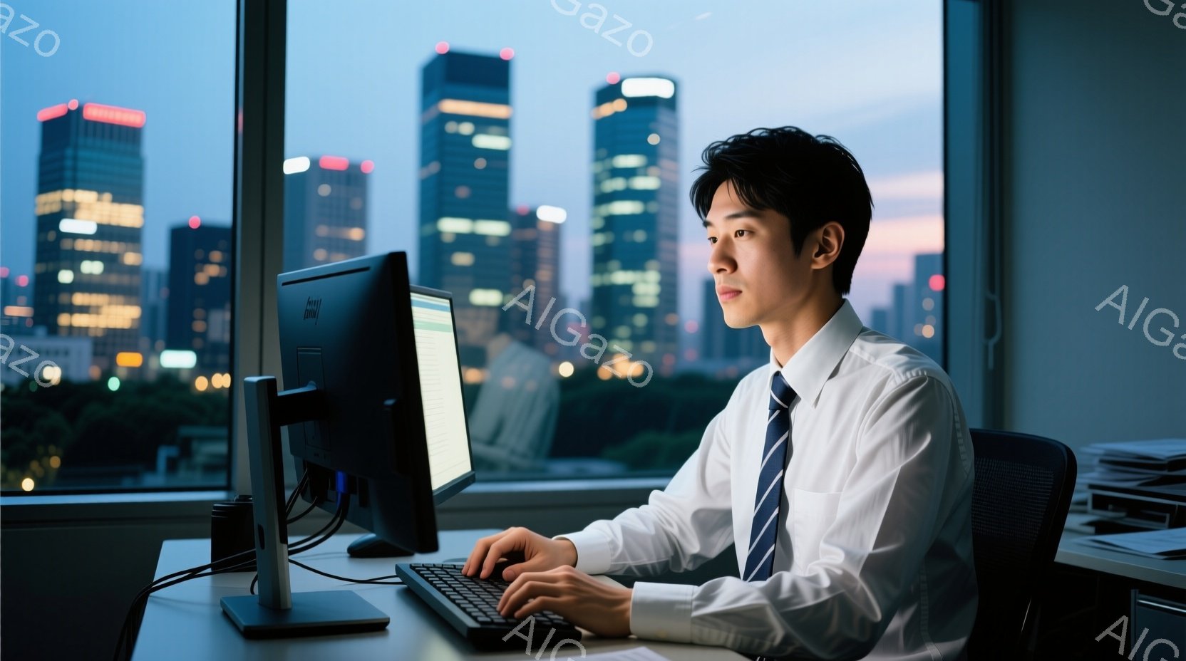 若い男性がオフィスでパソコンに向かって仕事をしている様子が描かれている。彼は白いシャツにネクタイ、スーツのジャケットを着ており、黒髪を短く整えている。背景には夜景のビル群が広がり、彼の集中した表情と相まって、仕事に没頭している雰囲気が伝わってくる。