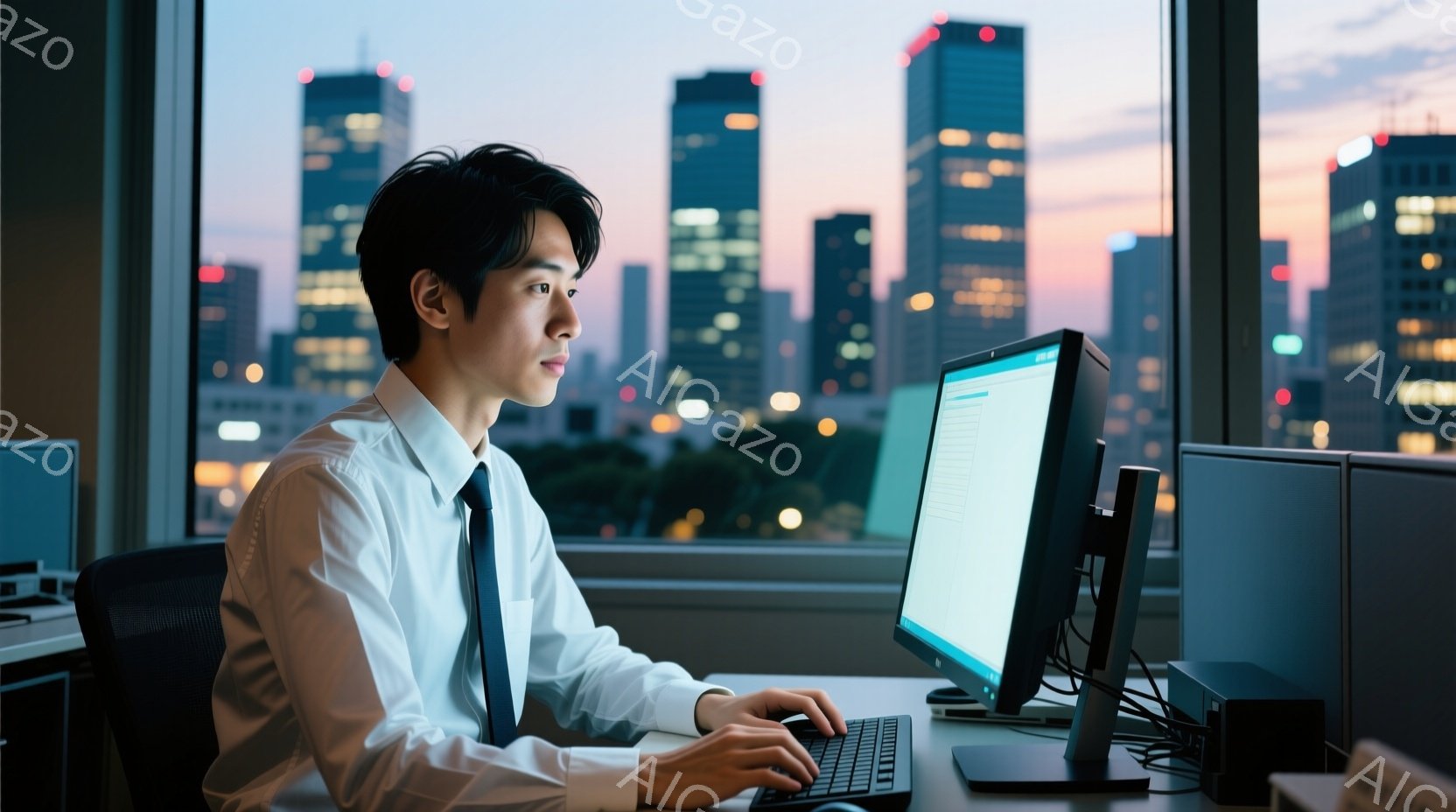 若い男性がオフィスでパソコンに向かって作業している。彼は白いシャツにネクタイ姿で、短髪で整髪されている。背景には、夕暮れ時の高層ビル群が広がり、オレンジと紫の色合いが美しい夜景を作り出している。 - AI生成フリー素材