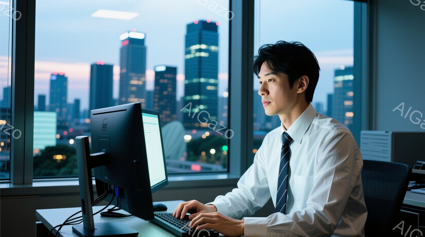 夜間の都市のビルの内部から撮影されたものです。中央に座る男性は、正確な視線を持ち、仕事に集中しているようです。彼はシャツとスーツを着用しており、髪型は普通のカットになっています。背景には高層ビルが見え、その多くが明るく照らされています。雰囲気は深夜に集中して仕事をしているビジネスマンという印象です。