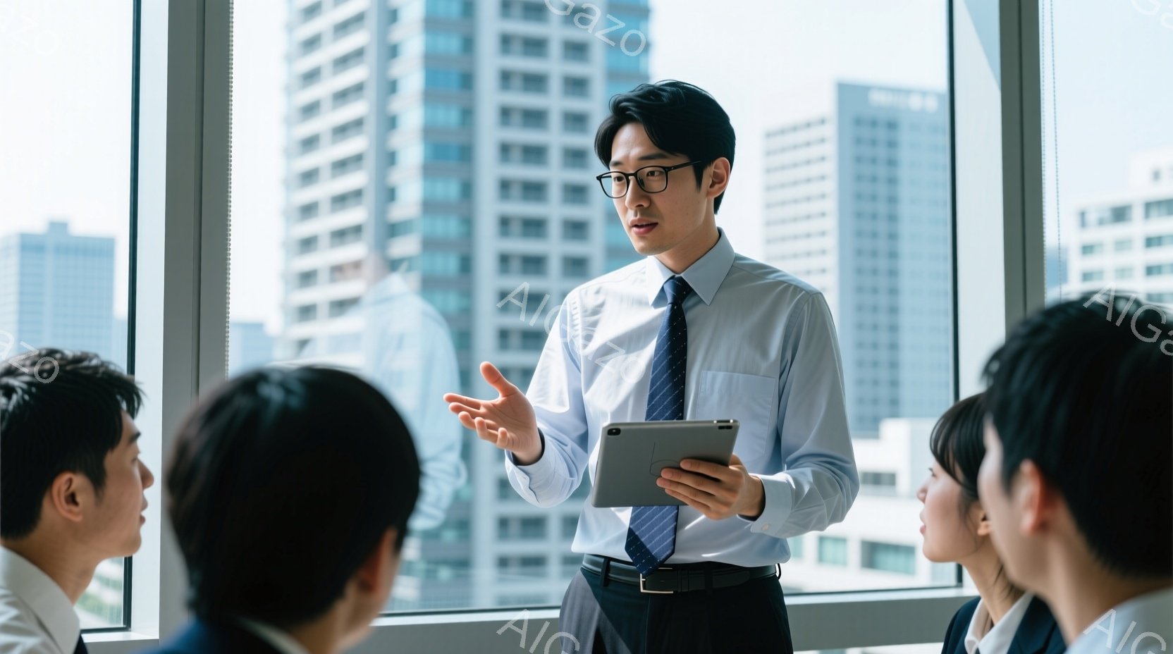 白いシャツにネクタイ、黒いズボンを着用した男性が、タブレットを片手にしながら何かを説明している様子が写っている。彼は少し微笑みながら、身振り手振りで熱心に話しているように見え、周囲には数人の同僚が彼の話に耳を傾けている。背景には高層ビル群が広がり、晴天の下、ビジネスシーンの活気を感じさせる。