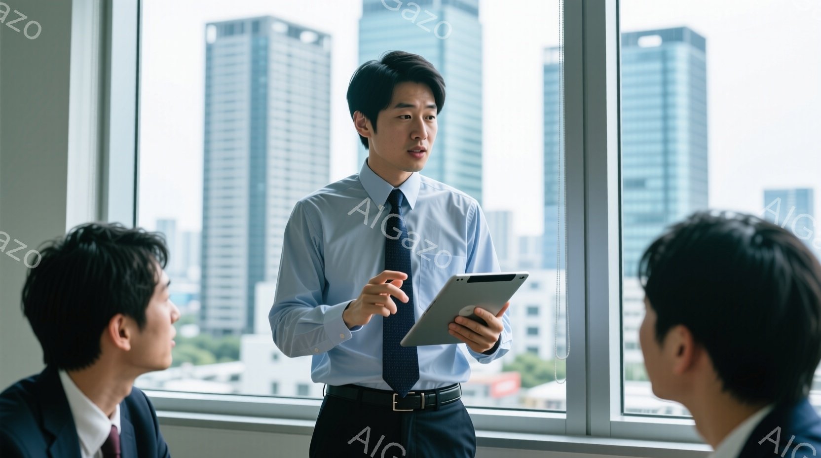 若い男性がタブレットを手に、窓の前で説明している様子が写っている。彼は青いシャツに黒いズボン、ネクタイを着用し、真剣な表情でジェスチャーを交えながら話している。背景には高層ビル群が見え、晴れた日のビジネスシーンを連想させる。