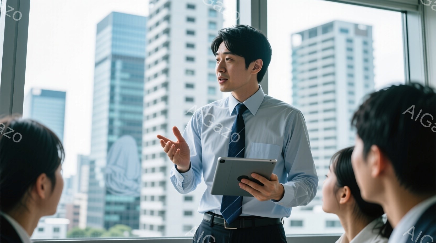 一人の男性がタブレットを手に、何かの説明をしている様子が写っている。彼は白いシャツにネクタイ、黒いズボンを着用し、姿勢は堂々としている。背景には高層ビル群が広がり、晴れた日のオフィスでのプレゼンテーションまたはミーティングの雰囲気を感じさせる。