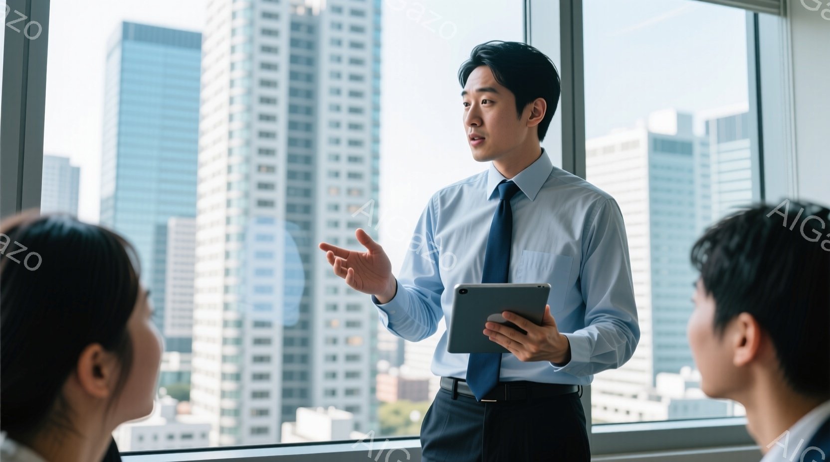 スーツを着た若い男性がタブレットを手に、窓辺で何かを説明している様子が写っている。彼は青いシャツにネクタイを締め、真剣な表情で片手を広げ、身振り手振りを交えて話している。背景には高層ビル群が広がり、晴れた日の都会的な雰囲気が漂っている。