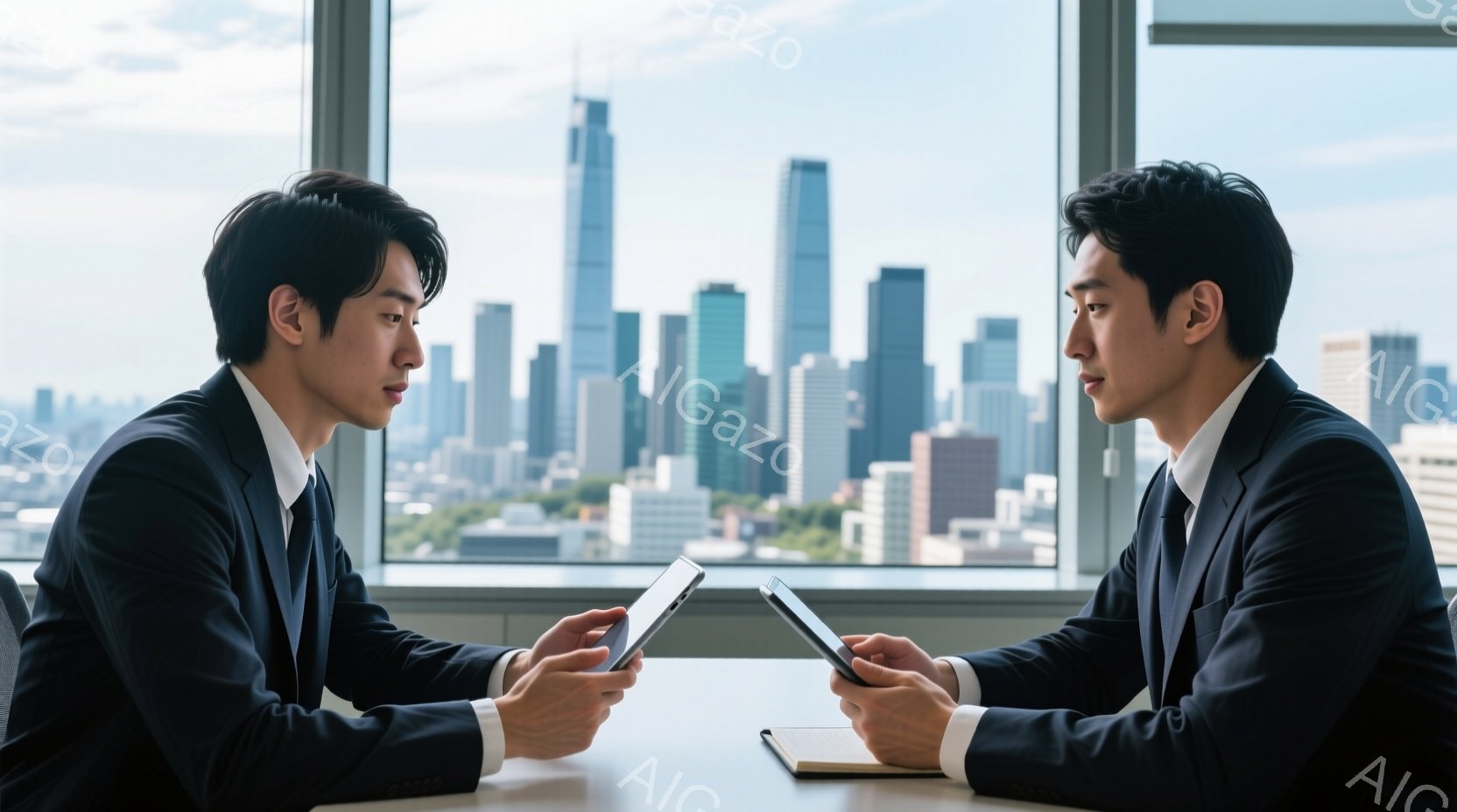 二人のビジネスマンが、高層ビルの窓を背景に、テーブルを挟んで向かい合って座っています。両者とも黒いスーツと白いシャツを着用し、真剣な表情でタブレット端末を見ています。背景には、晴れた空の下、高層ビル群が広がり、近代的な都市の雰囲気が漂っています。