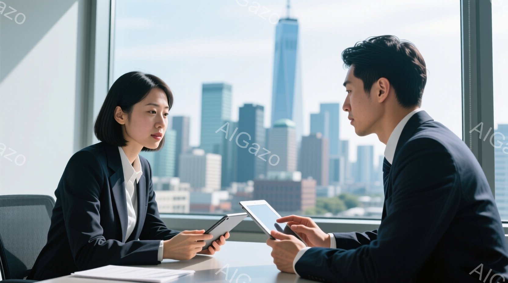 スーツを着た若い女性と男性が、窓のそばのテーブルを挟んで向き合っている。女性は黒髪のショートヘアで、タブレットを手に持ち、男性はタブレットを操作しながら何かを説明しているようだ。背景には高層ビル群が広がり、晴れた空がオフィスに差し込んでいる。