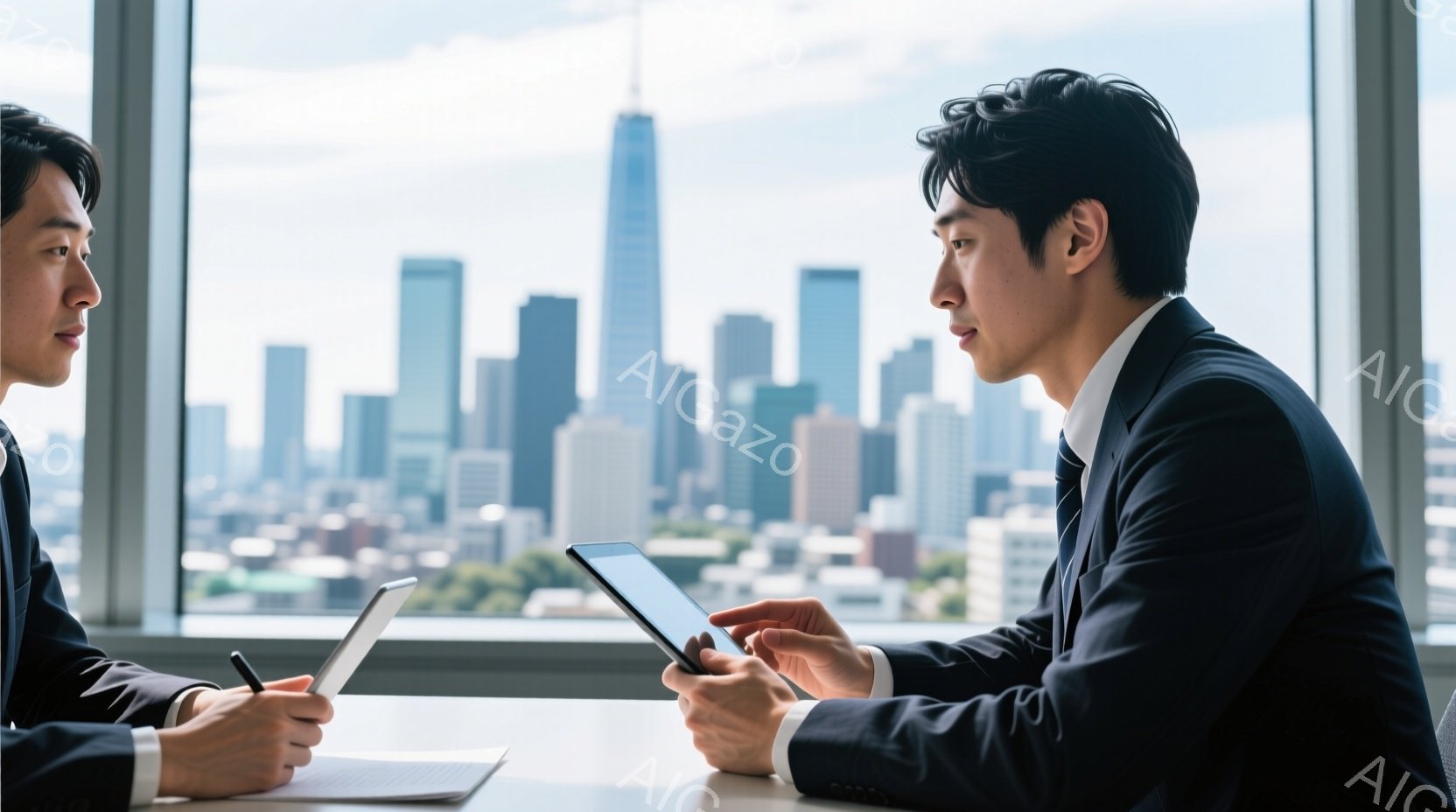 二人のビジネスマンが、高層ビルが並ぶ都市の風景を背景に、会議室で対面している。彼らはどちらもダークスーツとシャツ姿で、片手にタブレット端末を持ち、真剣な表情で画面を見つめている。窓の外は晴天で、高層ビル群が広がり、ビジネスシーンの緊張感と活気を感じさせる。