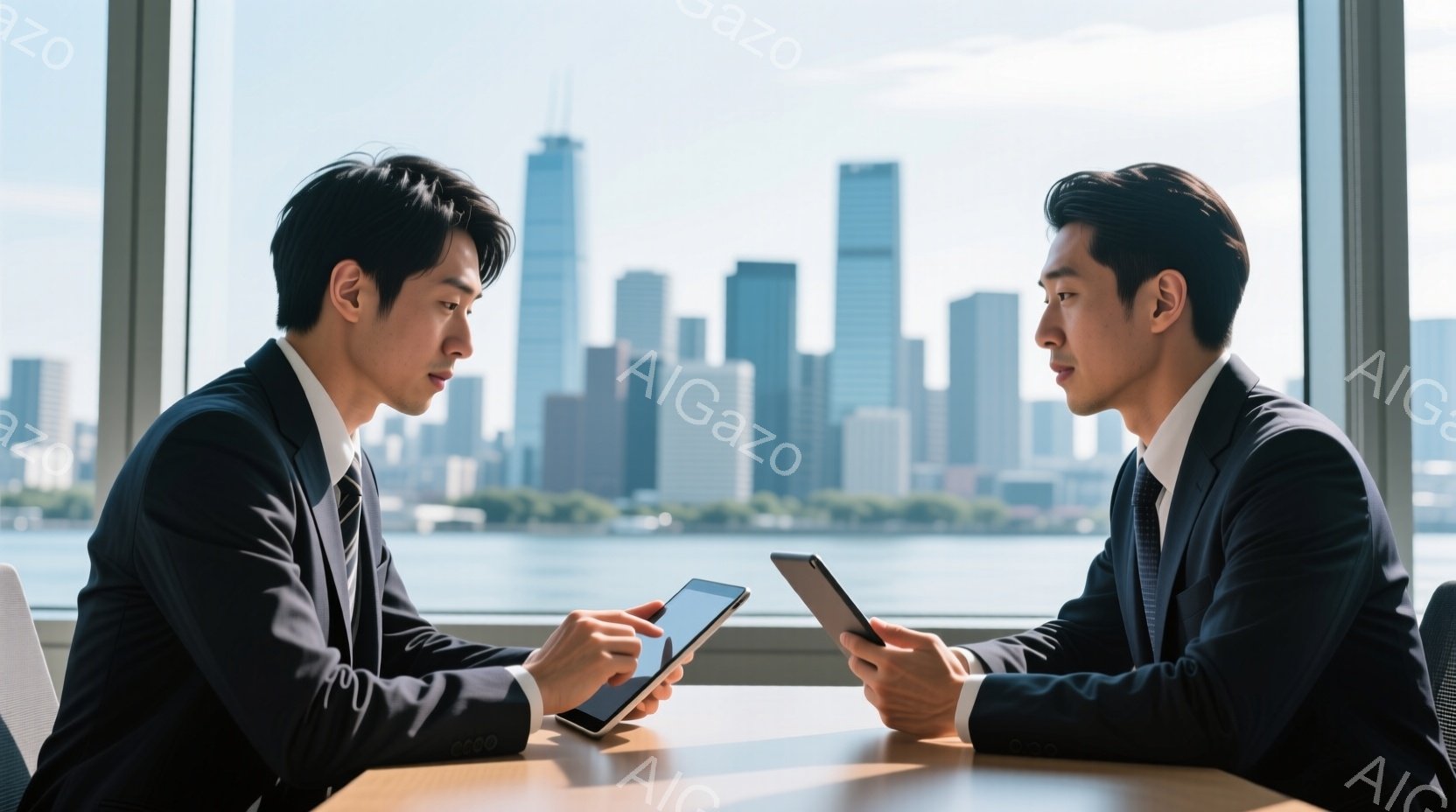 本画像は、二人のビジネスマンが会話する場面を写したものです。 左側の男性は白シャツに黒パンツを着用しており、右手にはタブレットを持っています。右側の男性も同様のビジネス服装であり、左手には同じくらいの大きさのタブレットを持っています。 二人は背景の市街地を見つめながら対話しており、表情や姿勢には細かく注意深さが感じられます。 自然光が明るい日であり、高層ビルのラインがスケッチ画風に写っているのが特徴的です。 構成は横向きで、このアングルから見ると、彼らの会話が重要な主題を扱っていると感じさせます。