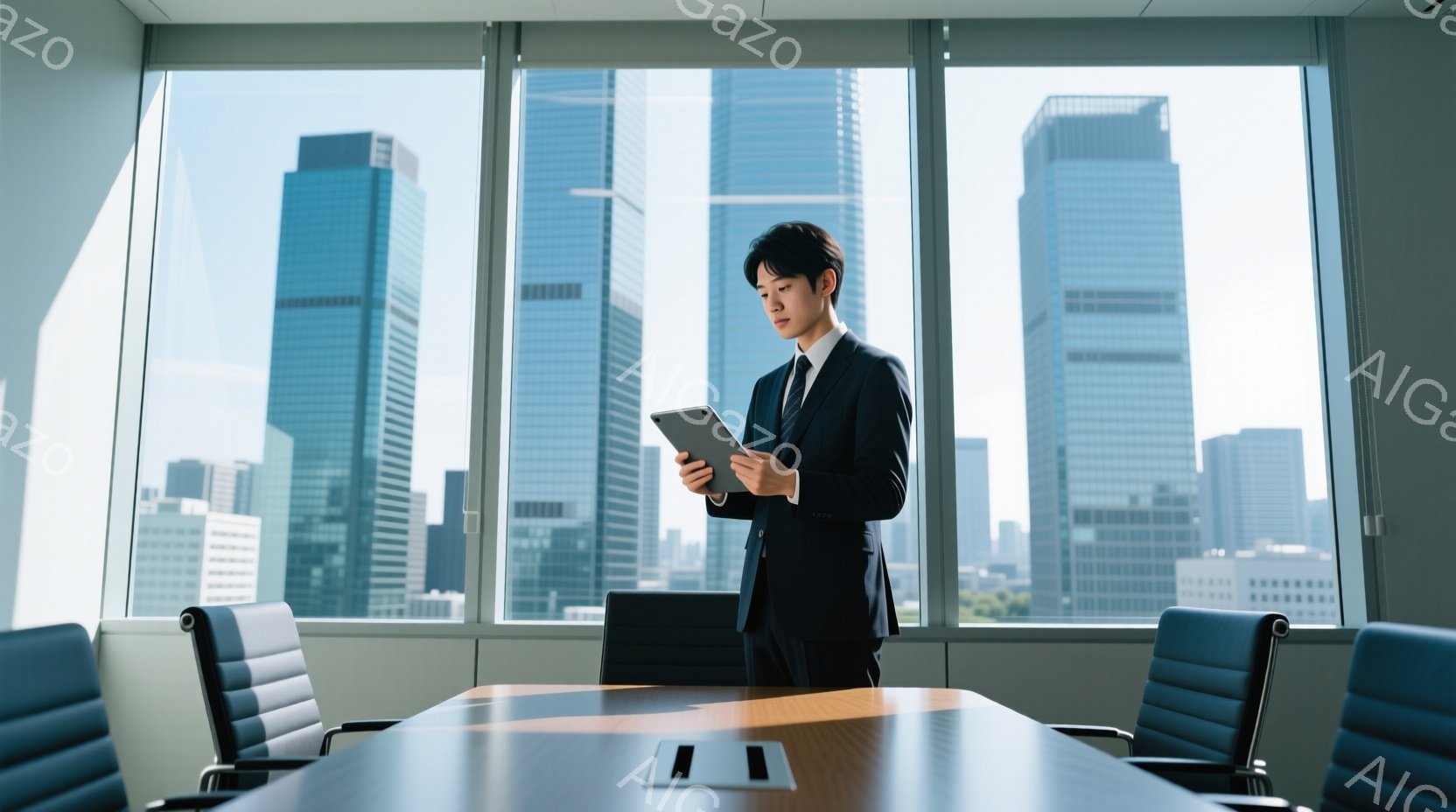スーツを着た若い男性が、大きな窓の前に立ってタブレットを見ている。彼は黒髪で、真剣な表情でタブレットを手に持っている。背景には高層ビル群が広がり、晴れた日の都会の雰囲気が感じられる会議室の様子である。