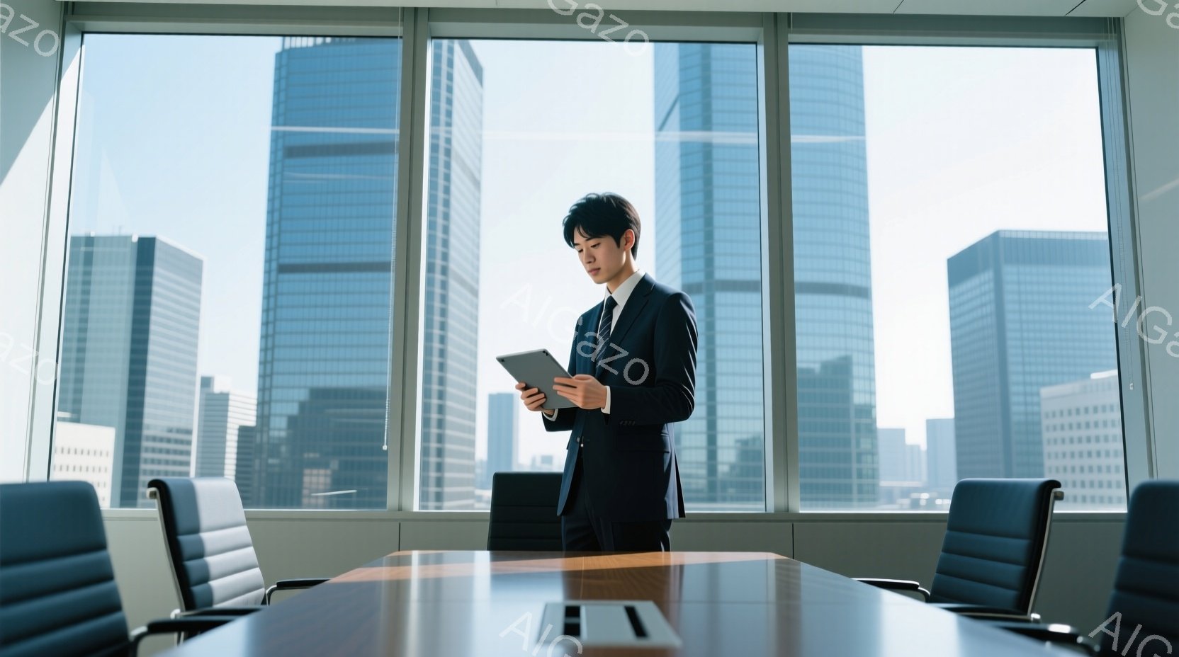 若い男性が、窓の外の景色を眺めながらタブレット端末を見ている。彼はダークスーツにネクタイ姿で、短髪の黒髪である。背景には高層ビル群が広がり、晴天の下、近代的なオフィス空間の雰囲気を醸し出している。