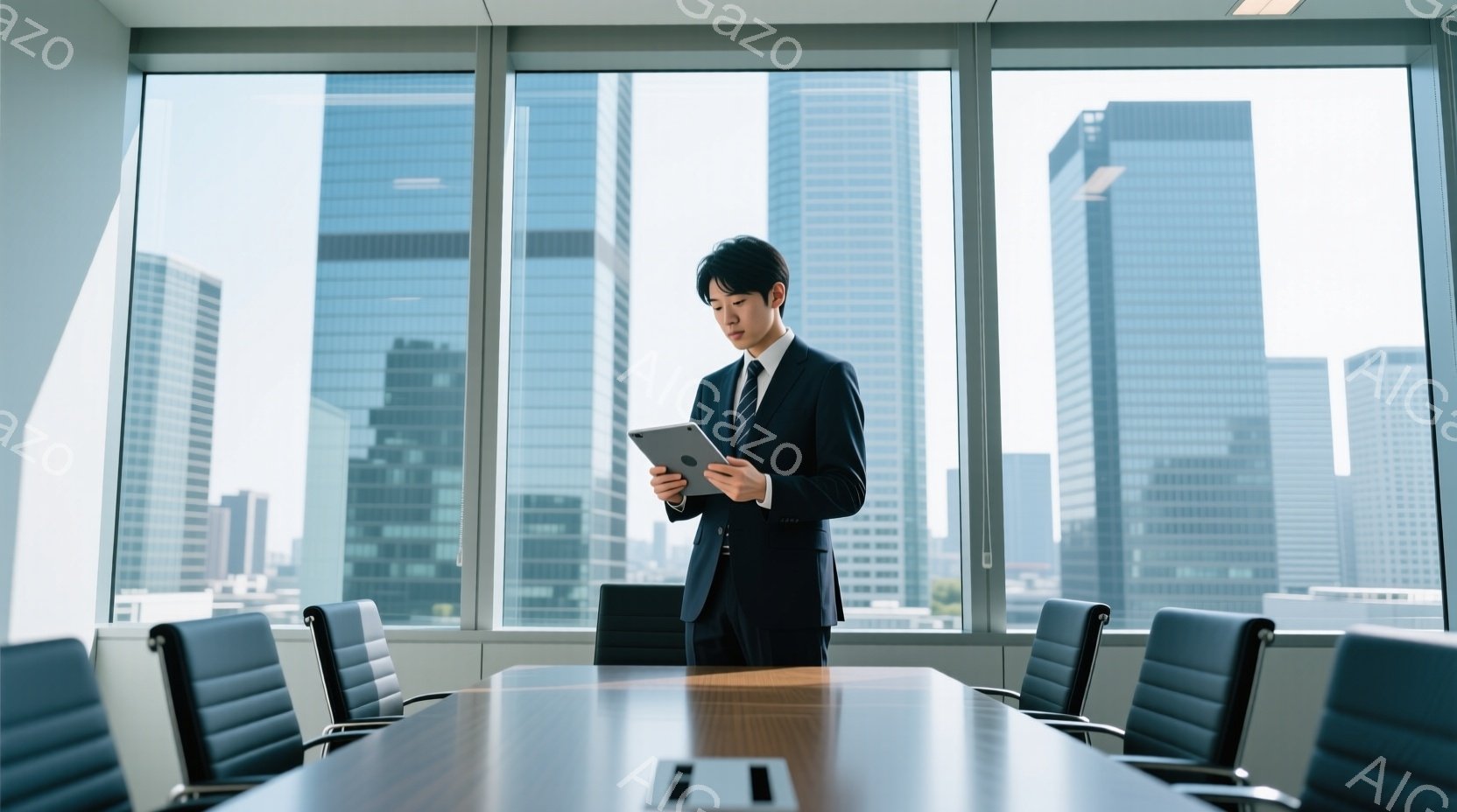 スーツ姿の若い男性が、大きな窓の前に立ってタブレットを見ている。彼は黒いスーツにネクタイを締め、短髪で、真剣な表情をしている。背景には高層ビル群が広がり、晴れた日の都会的な雰囲気を感じさせる会議室である。