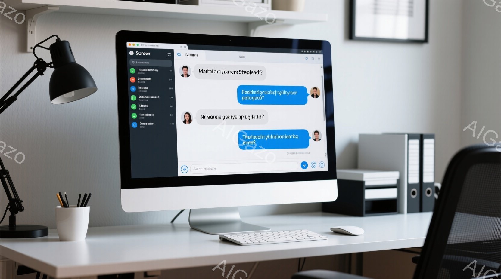 白い机の上に置かれたiMacが写っている。画面にはビデオ会議のインターフェースが表示されており、参加者の名前とアイコンが並んでいる。机の上にはペン立て、白いマグカップ、マウスパッドがあり、背景には本棚と引き出しが見えるオフィス環境である。