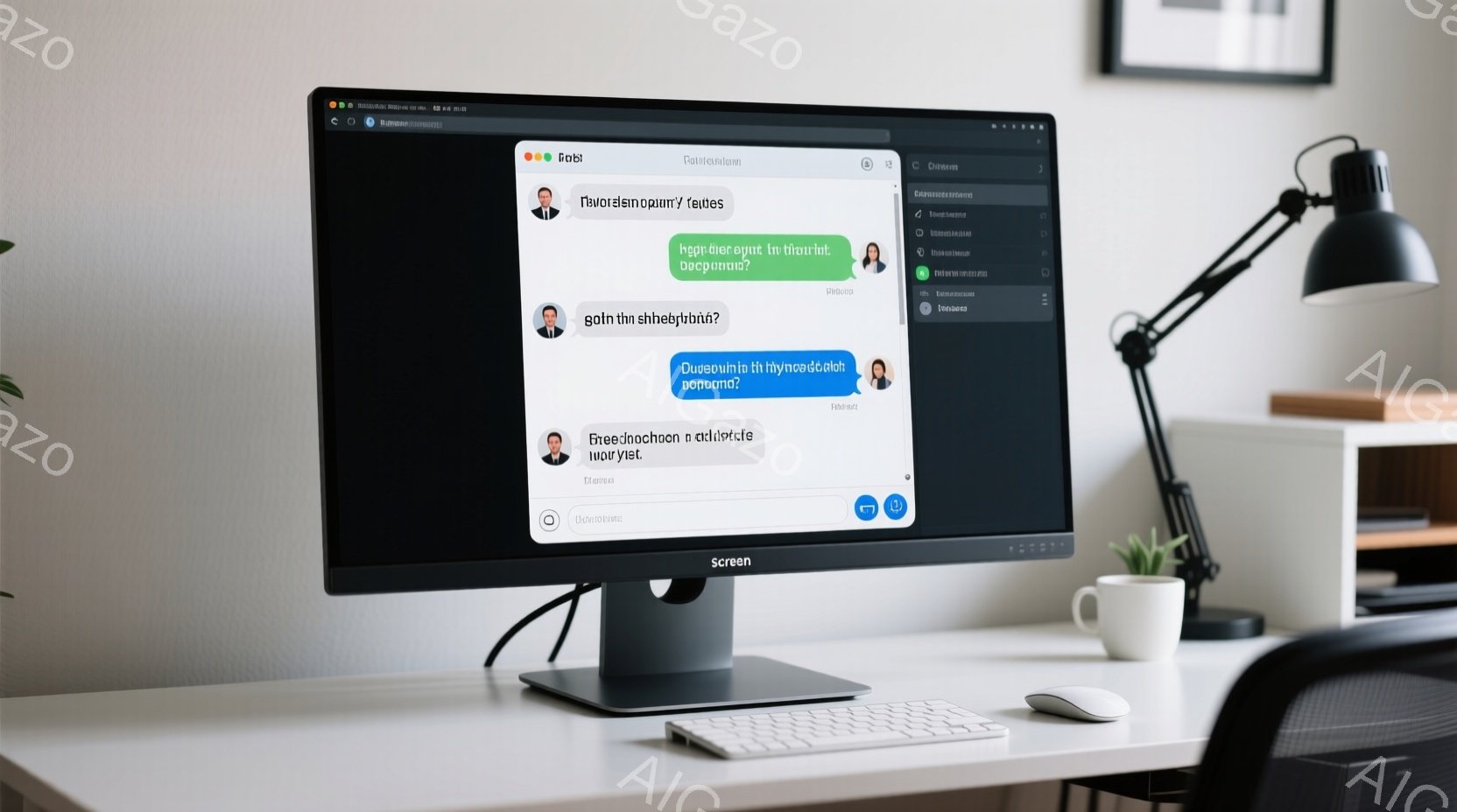 白いデスクの上にモニターが置かれており、画面にはビデオ会議のインターフェースが表示されています。背景にはぼやけた部屋の一部が見え、シンプルなモダンな雰囲気を感じさせます。デスク上には、ペン、ノート、小さな観葉植物が置かれ、仕事や学習に集中できる環境が演出されています。