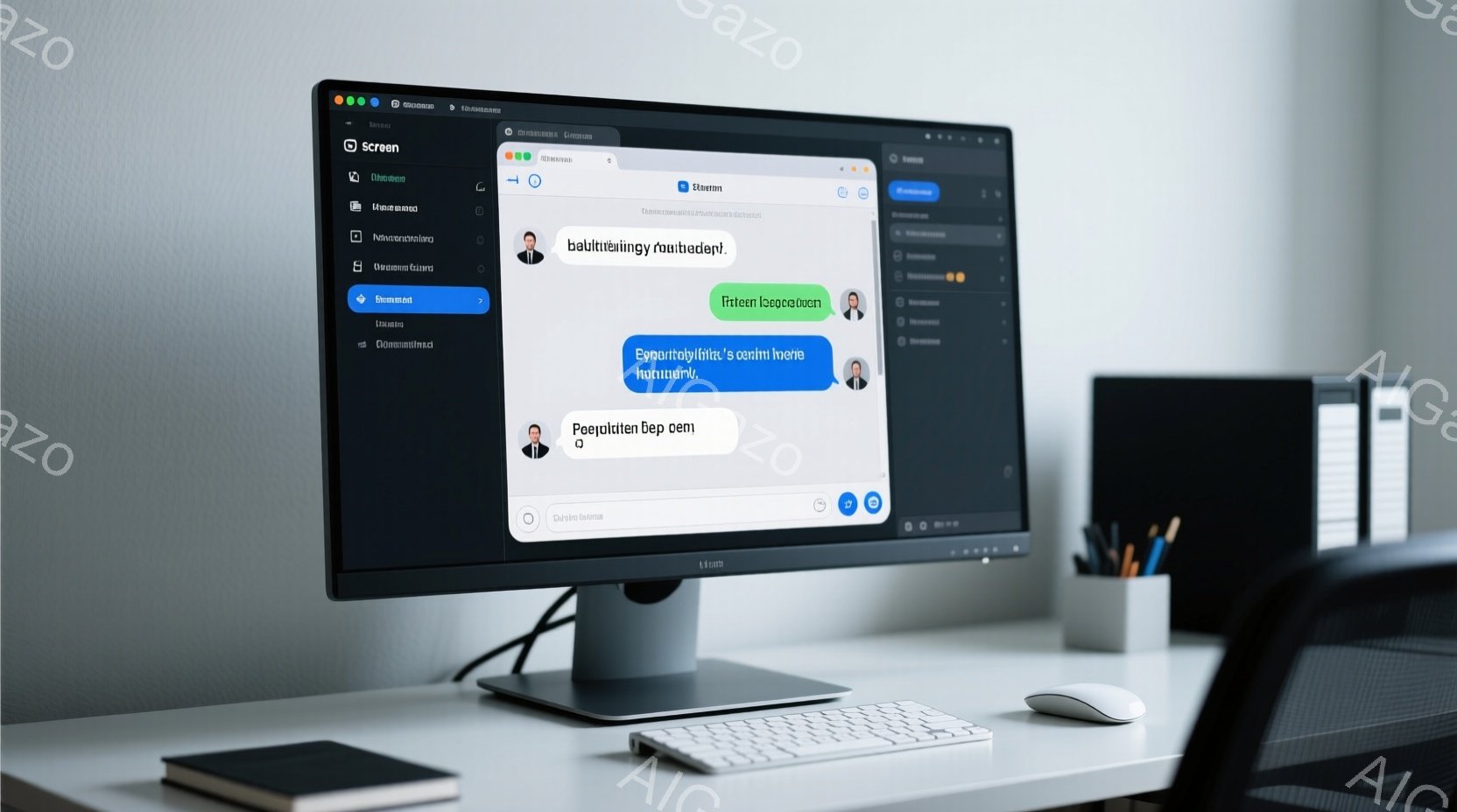 デスクトップコンピュータのモニターには、ビデオ会議のインターフェースが表示されており、複数の参加者のアイコンと名前が並んでいます。机の上には、ペン、鉛筆、その他の文房具が置かれ、黒い椅子が隣にあります。全体的に、現代的で整理されたワークスペースの雰囲気で、仕事やコミュニケーションに集中できる環境を示唆しています。