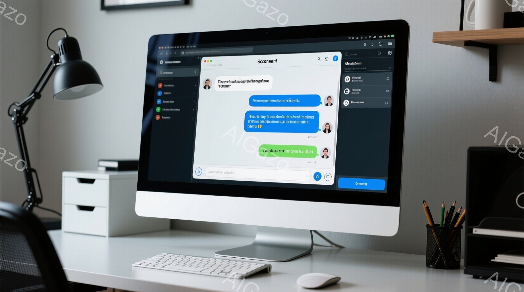 デスクの上に置かれた大きなコンピューターのモニターが写っています。モニターにはビデオ会議の画面が表示されており、複数の参加者のアイコンと名前がリストされています。背景には本棚や文房具が見え、モダンで整理されたオフィス環境を醸し出しています。