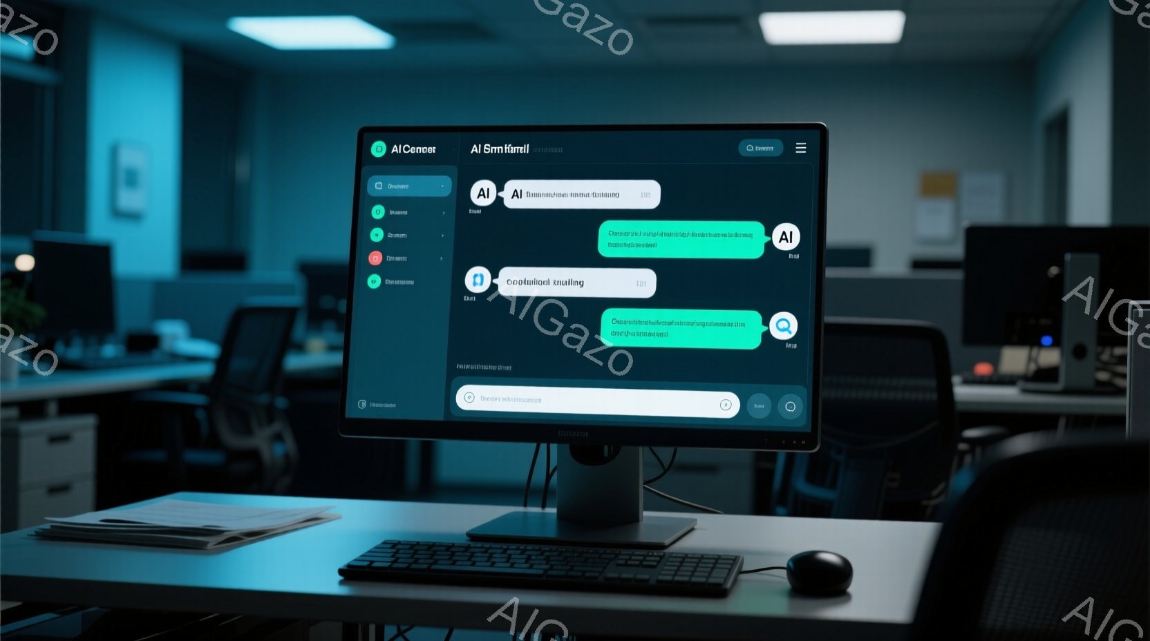 画面には、AIのインターフェースが表示されており、様々なオプションが並んでいます。背景はオフィスで、他のコンピューターやオフィス家具が見え、薄暗く静かな雰囲気が漂っています。全体的に、AI技術と仕事環 - AI生成フリー素材
